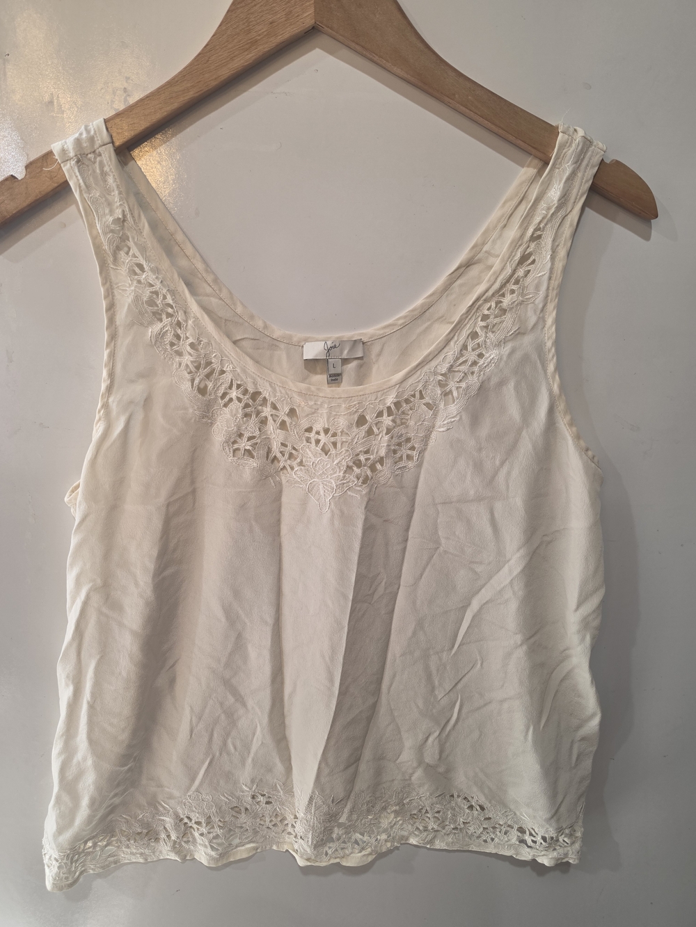 Joie 100% Silk Cream Lace Trim Sleeveless Tank Top Embroidered Cutout Size L